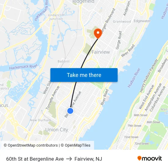 60th St at Bergenline Ave to Fairview, NJ map