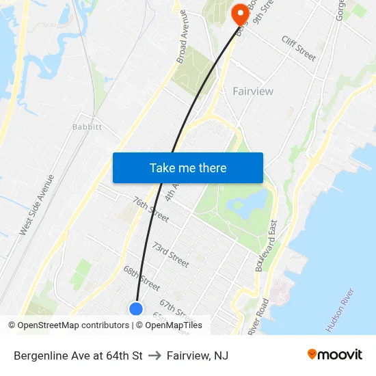 Bergenline Ave at 64th St to Fairview, NJ map