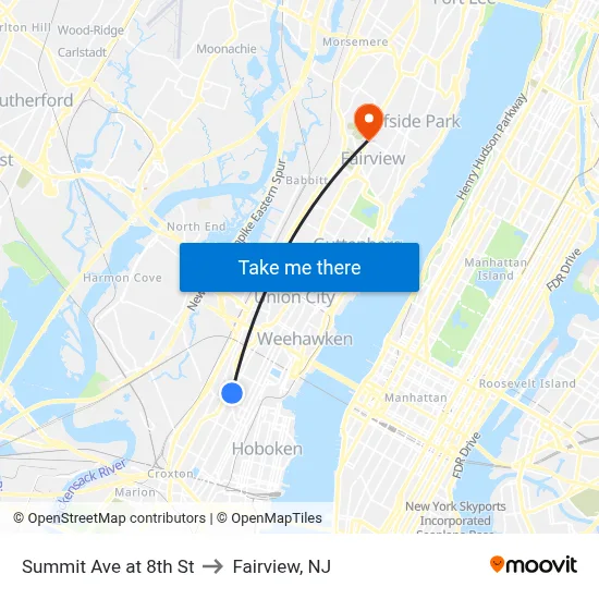 Summit Ave at 8th St to Fairview, NJ map