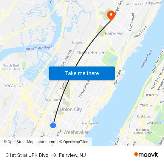 31st St at JFK Blvd to Fairview, NJ map