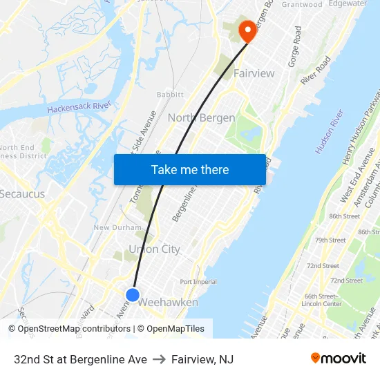 32nd St at Bergenline Ave to Fairview, NJ map