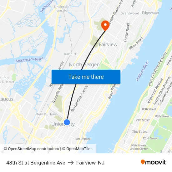 48th St at Bergenline Ave to Fairview, NJ map