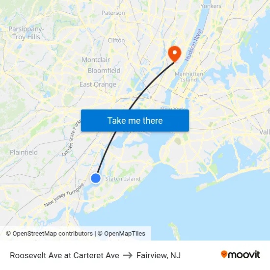 Roosevelt Ave at Carteret Ave to Fairview, NJ map