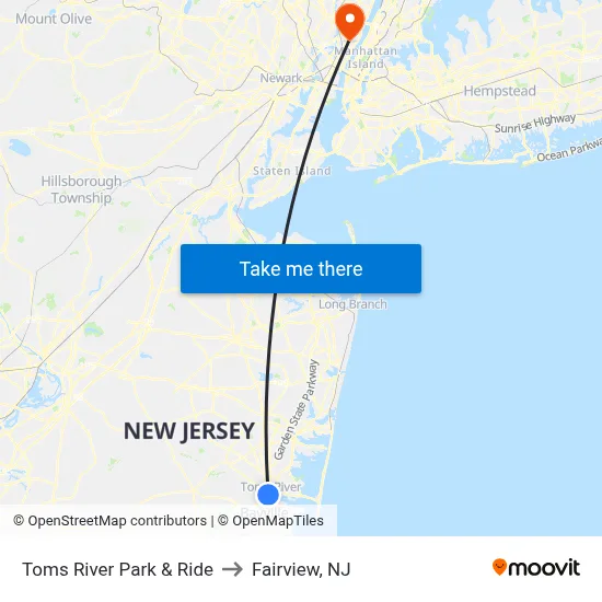 Toms River Park & Ride to Fairview, NJ map