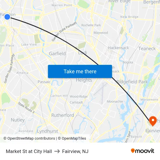 Market St at City Hall to Fairview, NJ map