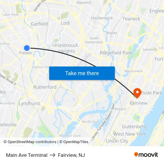 Main Ave Terminal to Fairview, NJ map