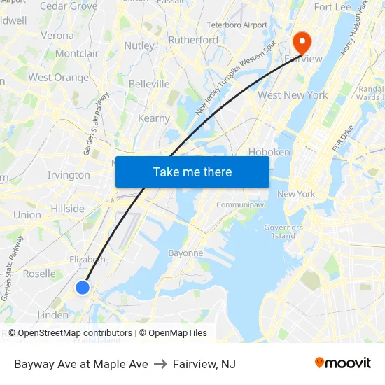Bayway Ave at Maple Ave to Fairview, NJ map