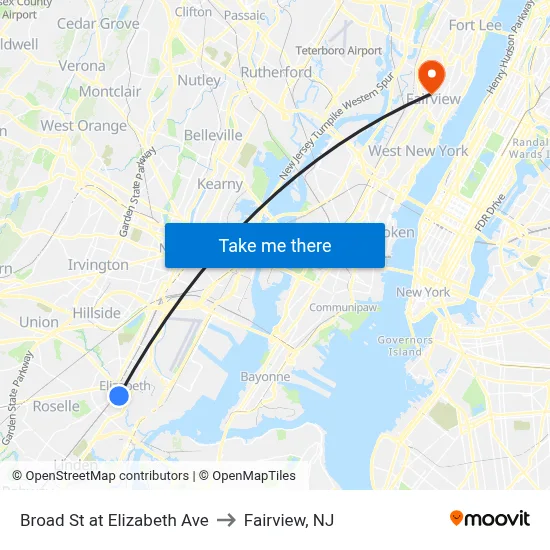 Broad St at Elizabeth Ave to Fairview, NJ map