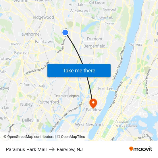 Paramus Park Mall to Fairview, NJ map
