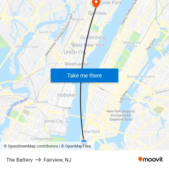 The Battery to Fairview, NJ map