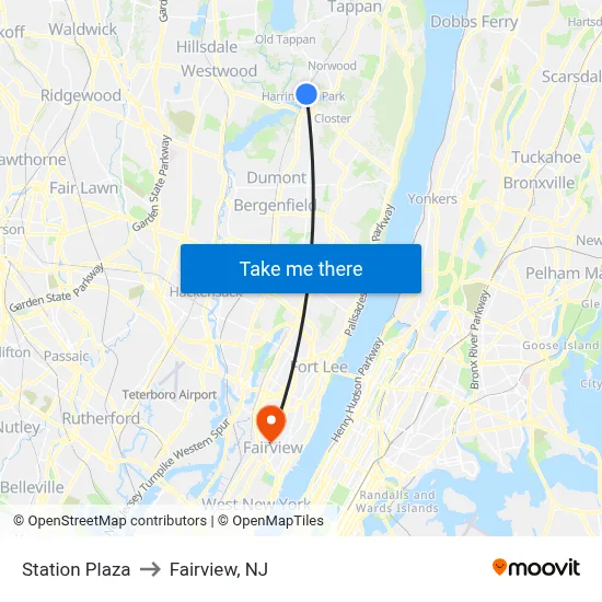 Station Plaza to Fairview, NJ map