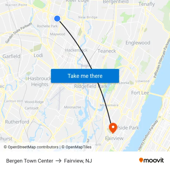 Bergen Town Center to Fairview, NJ map
