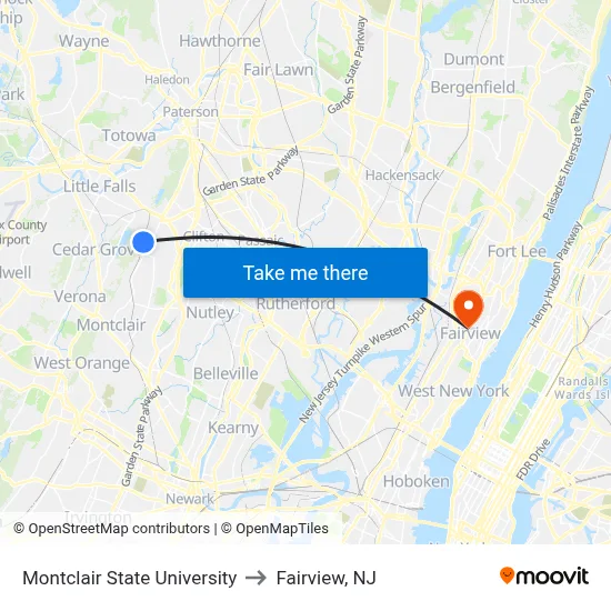 Montclair State University to Fairview, NJ map