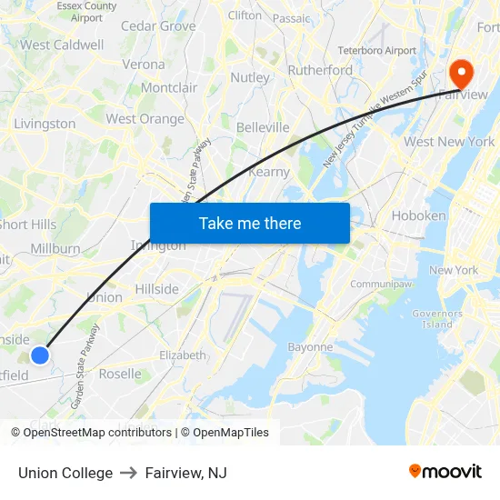 Union College to Fairview, NJ map