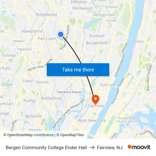 Bergen Community College Ender Hall to Fairview, NJ map