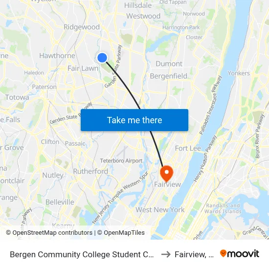 Bergen Community College Student Center to Fairview, NJ map