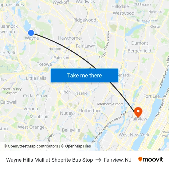 Wayne Hills Mall at Shoprite Bus Stop to Fairview, NJ map