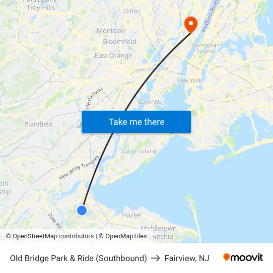 Old Bridge Park & Ride (Southbound) to Fairview, NJ map