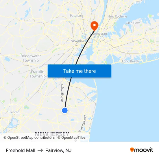 Freehold Mall to Fairview, NJ map