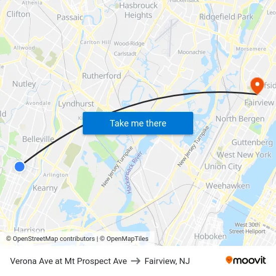 Verona Ave at Mt Prospect Ave to Fairview, NJ map
