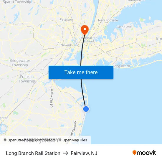 Long Branch Rail Station to Fairview, NJ map