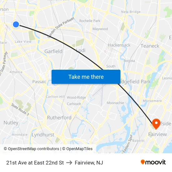 21st Ave at East 22nd St to Fairview, NJ map