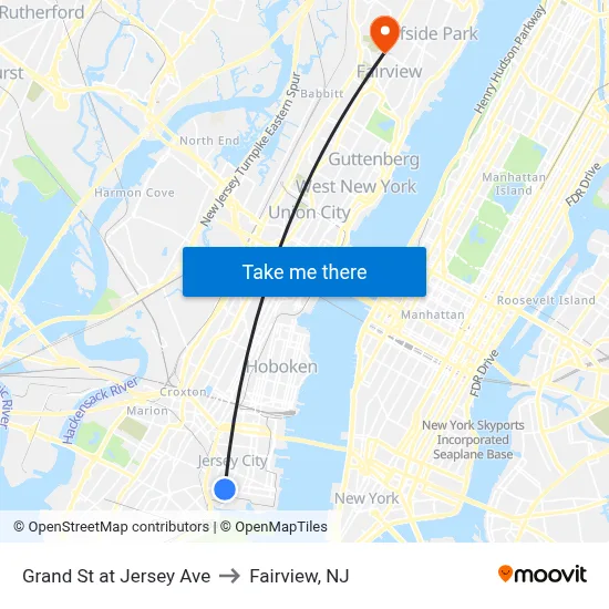 Grand St at Jersey Ave to Fairview, NJ map