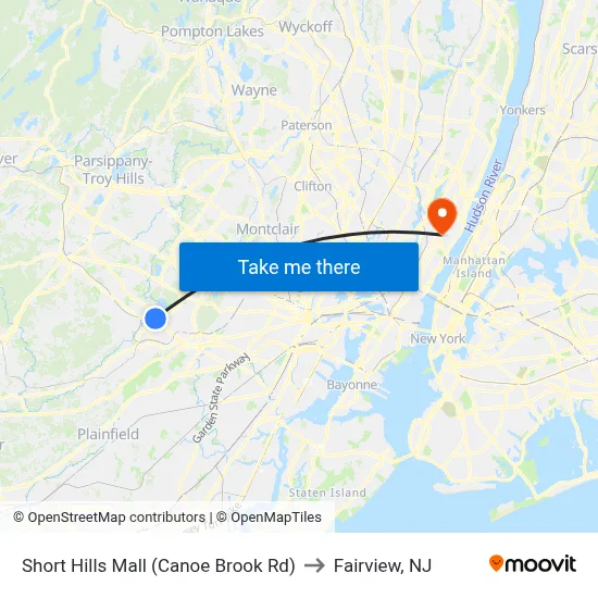 Short Hills Mall (Canoe Brook Rd) to Fairview, NJ map