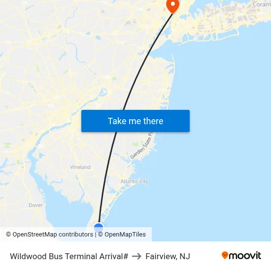 Wildwood Bus Terminal Arrival# to Fairview, NJ map