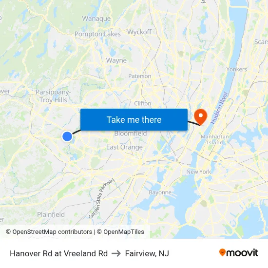 Hanover Rd at Vreeland Rd to Fairview, NJ map