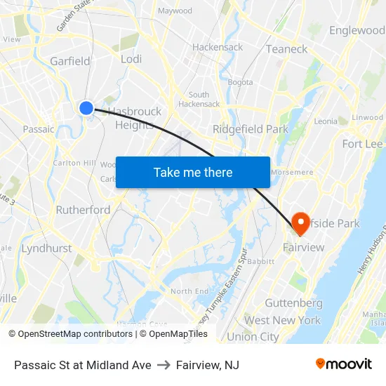 Passaic St at Midland Ave to Fairview, NJ map