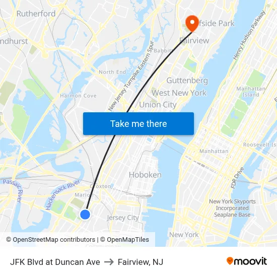 JFK Blvd at Duncan Ave to Fairview, NJ map