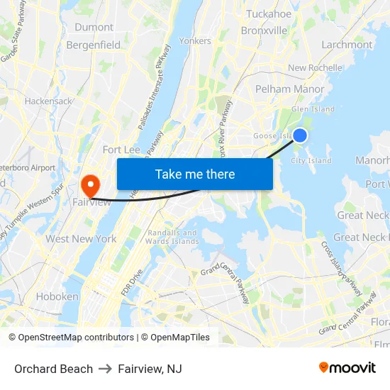 Orchard Beach to Fairview, NJ map