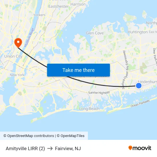 Amityville LIRR (2) to Fairview, NJ map