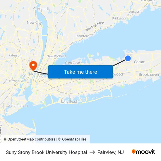 Suny Stony Brook University Hospital to Fairview, NJ map