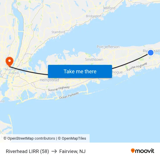 Riverhead LIRR (58) to Fairview, NJ map