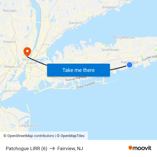 Patchogue LIRR (6) to Fairview, NJ map