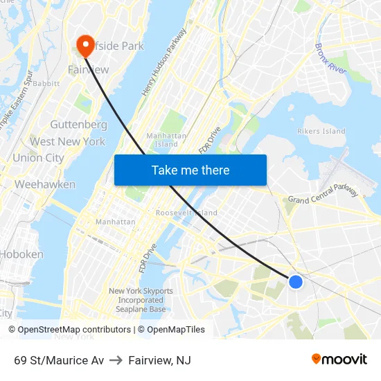 69 St/Maurice Av to Fairview, NJ map