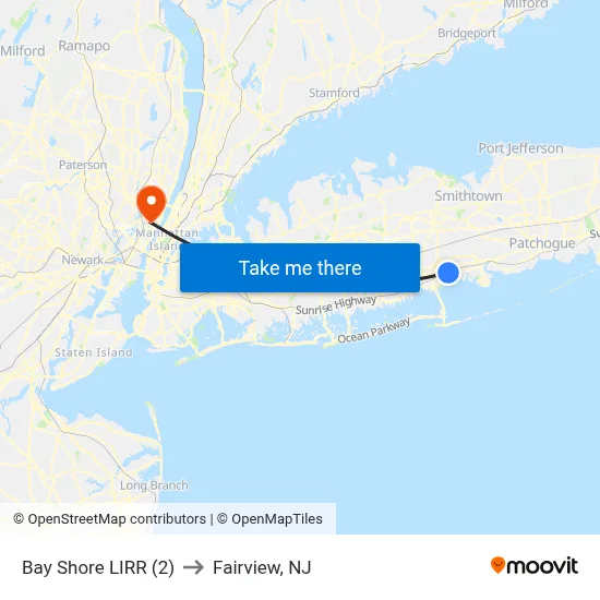 Bay Shore LIRR (2) to Fairview, NJ map