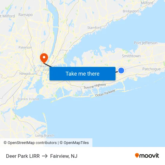 Deer Park LIRR to Fairview, NJ map