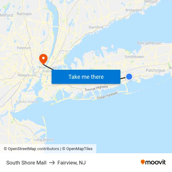 South Shore Mall to Fairview, NJ map