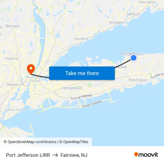 Port Jefferson LIRR to Fairview, NJ map