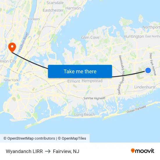 Wyandanch LIRR to Fairview, NJ map