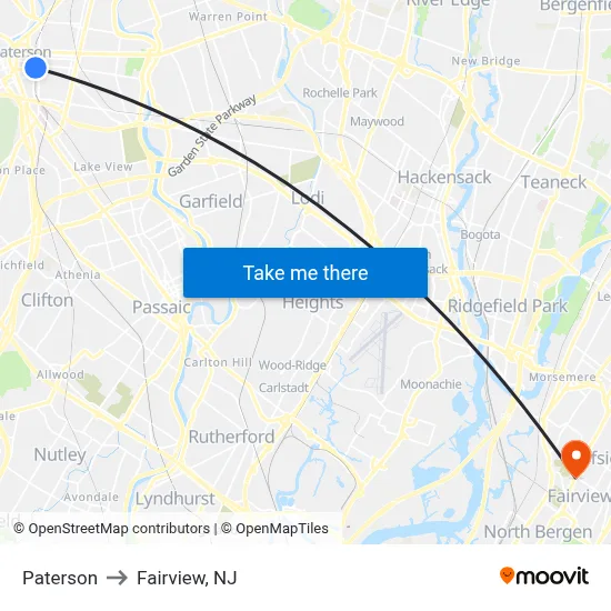 Paterson to Fairview, NJ map