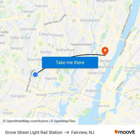 Grove Street Light Rail Station to Fairview, NJ map
