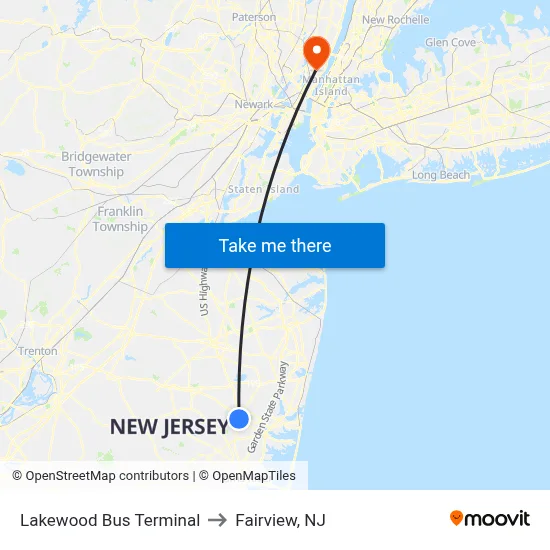 Lakewood Bus Terminal to Fairview, NJ map