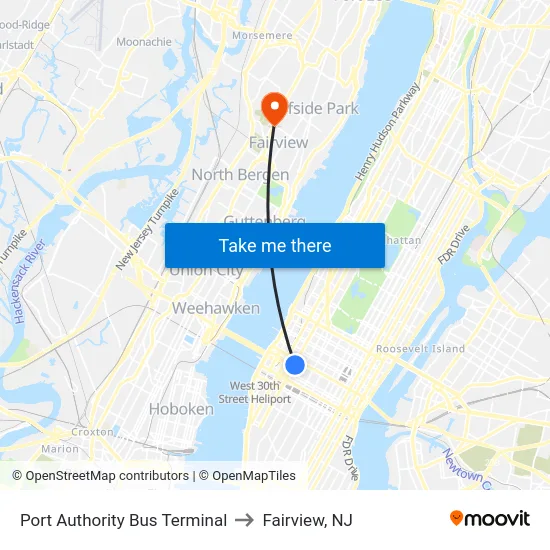 Port Authority Bus Terminal to Fairview, NJ map