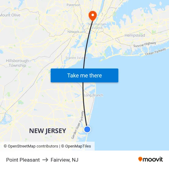 Point Pleasant to Fairview, NJ map
