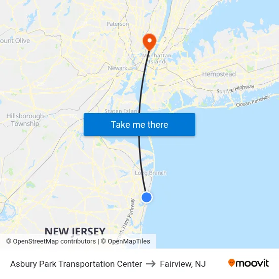 Asbury Park Transportation Center to Fairview, NJ map