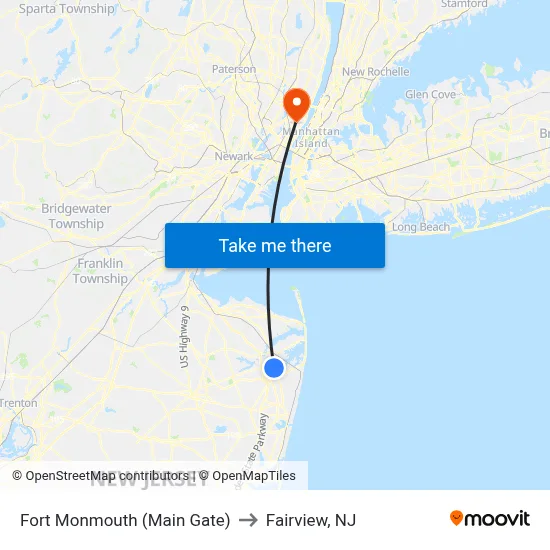 Fort Monmouth (Main Gate) to Fairview, NJ map